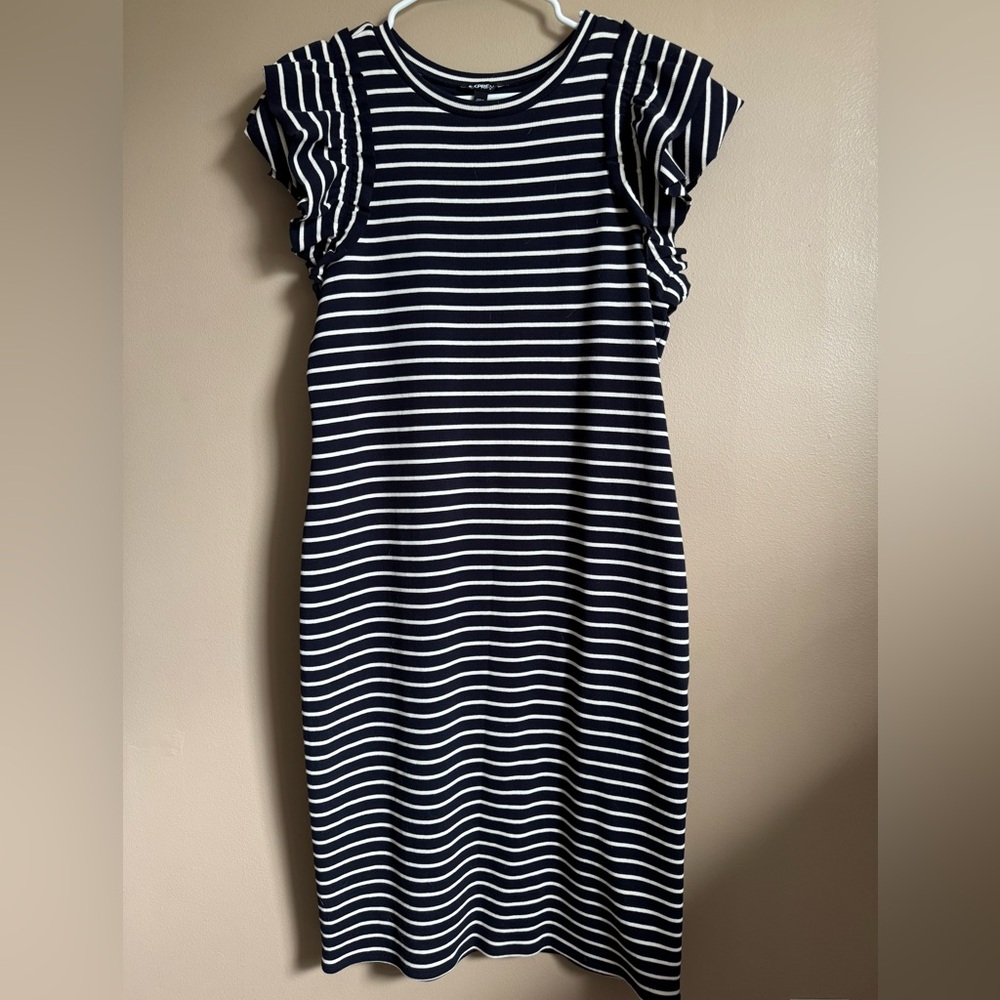 Express Navy and Cream Striped Flutter-Sleeve Midi Dress